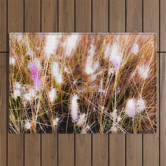 Closeup blooming pink grass flowers field abstract Outdoor Rug