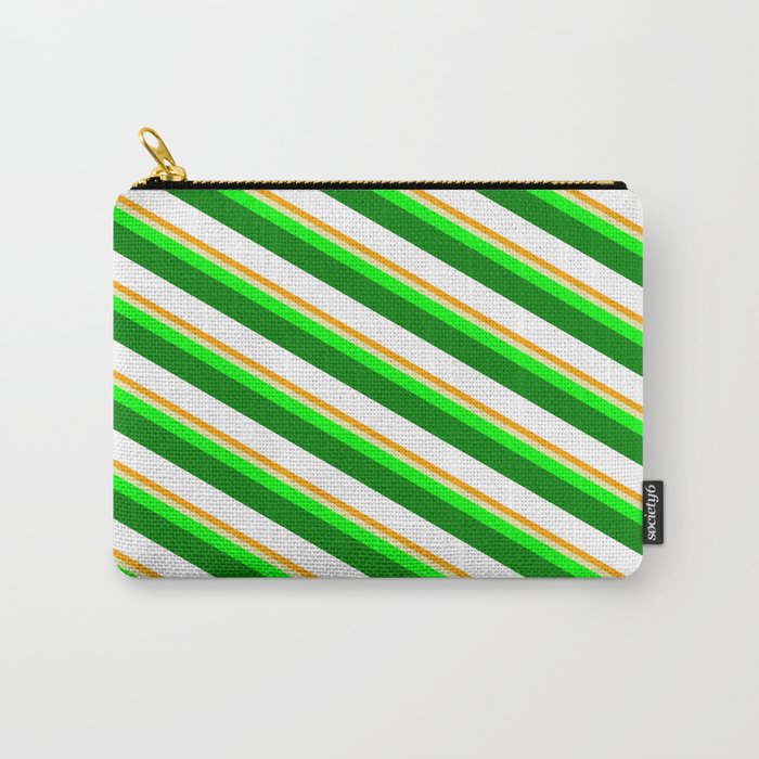 Vibrant Orange, Pale Goldenrod, Lime, Green, and White Colored Stripes/Lines Pattern Carry-All Pouch