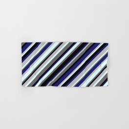[ Thumbnail: Vibrant Grey, Light Cyan, Dim Grey, Black, and Midnight Blue Colored Striped/Lined Pattern Hand & Bath Towel ]