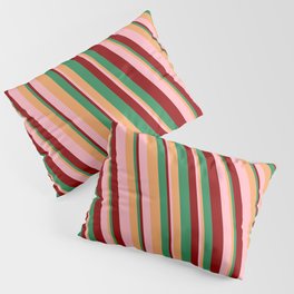 [ Thumbnail: Brown, Light Pink, Dark Red, and Sea Green Colored Lines/Stripes Pattern Pillow Sham ]