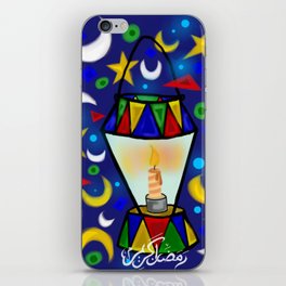 Colorful Ramadan Kareem celebration with lantern, stars and moon crescents on blue background iPhone Skin