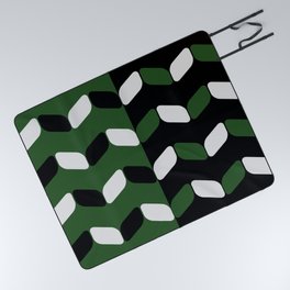 Vintage Diagonal Rectangles Black White Forest Green Picnic Blanket