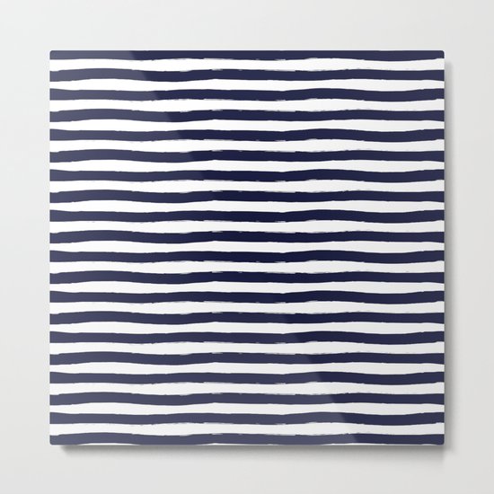 Navy Blue and White Horizontal Stripes Metal Print