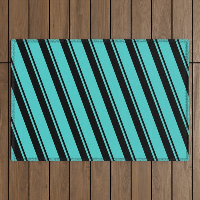 Black & Turquoise Colored Lines/Stripes Pattern Outdoor Rug
