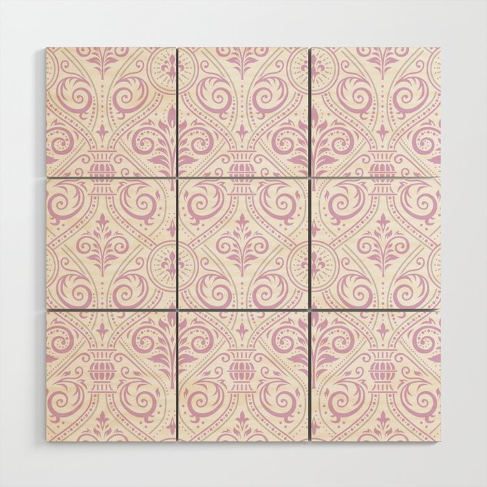 Art Nouveau Rose Pink & White Damask Scroll Wood Wall Art