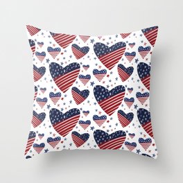 4th of July America Love Heart - Red White Blue Throw Pillow