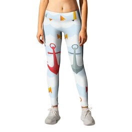Colorful Summer Beach Yellow Grey Red Blue Nautical Anchor Pattern Leggings