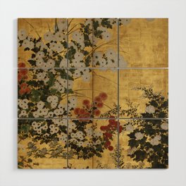 White Red Chrysanthemums Floral Japanese Gold Screen Wood Wall Art