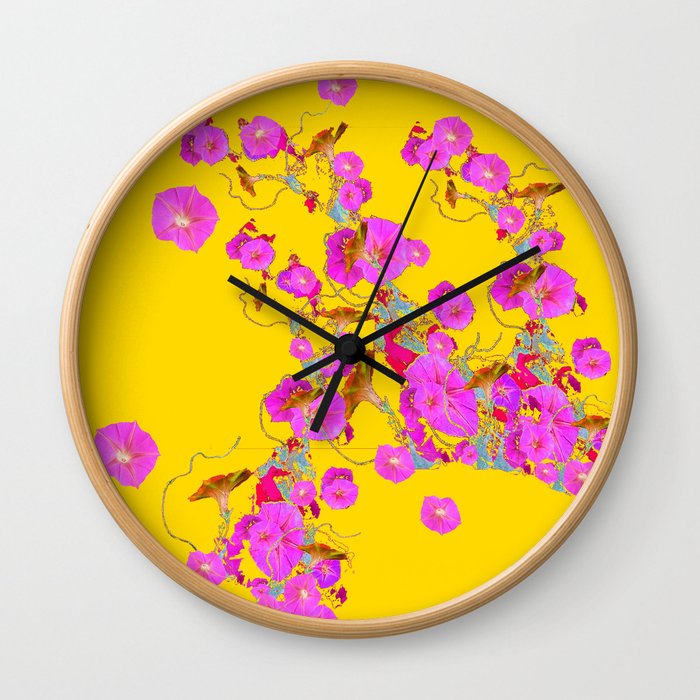 Pink Morning Glories on Gold Art Design Wall Clock