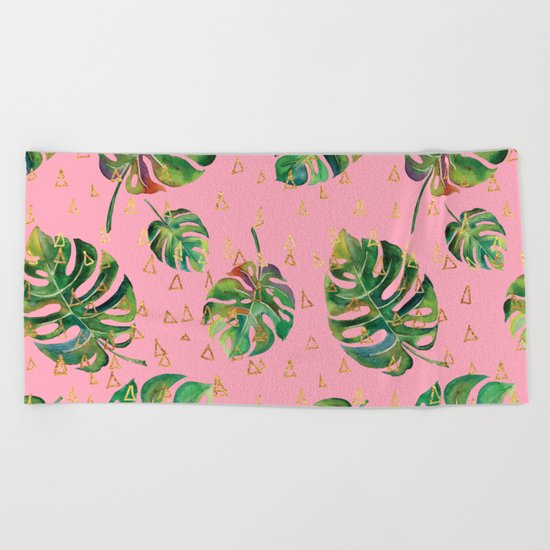 Monstera Gold // Monstera Pattern, Gold Foil Pattern, Lifestyle Digital Collage Pink Beach Towel
