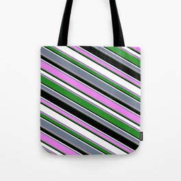 [ Thumbnail: Vibrant Slate Gray, Violet, Forest Green, Black, and White Colored Stripes Pattern Tote Bag ]