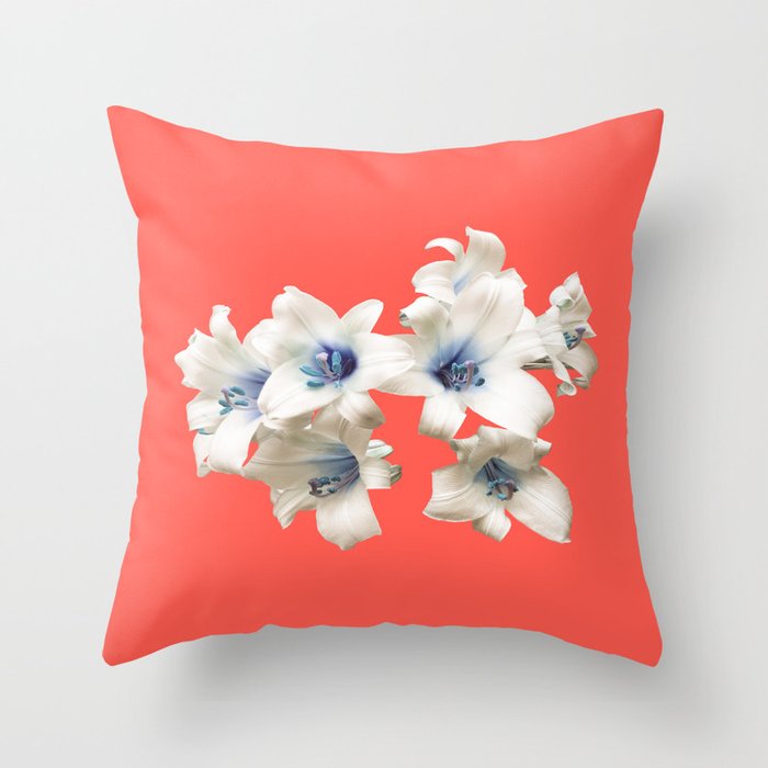 Blue Heart Lilies On Living Coral Throw Pillow By Dominiquevari