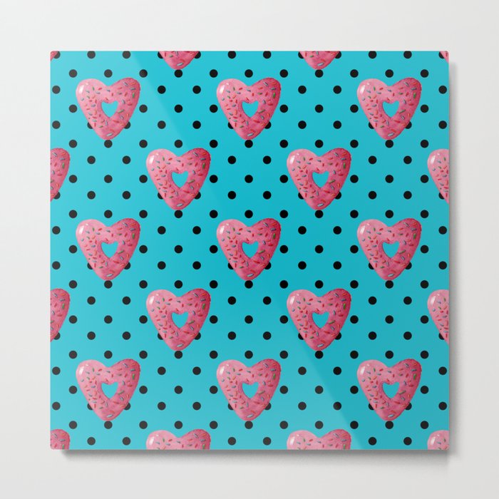 Pink plaid watercolor heart shaped donuts with polka dots on blue background Metal Print