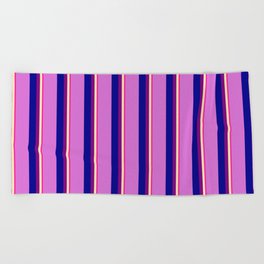 [ Thumbnail: Deep Pink, Beige, Purple, Dark Blue, and Orchid Colored Stripes Pattern Beach Towel ]