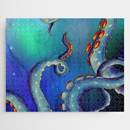 Octopus Tentacles Kraken Galaxy Teal Blue Stars Ink Art Jigsaw Puzzle