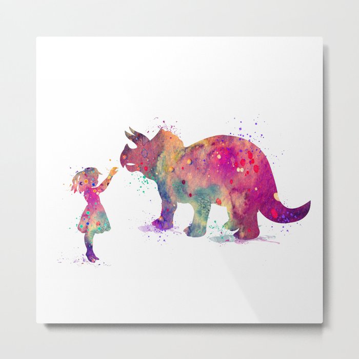 Girl and Dinosaur Triceratops Metal Print