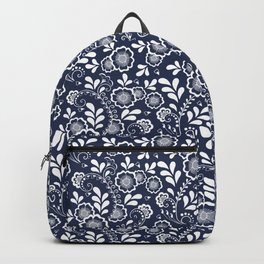 Navy Blue And White Eastern Floral Pattern Backpack