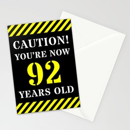 [ Thumbnail: 92nd Birthday - Warning Stripes and Stencil Style Text Stationery Cards ]