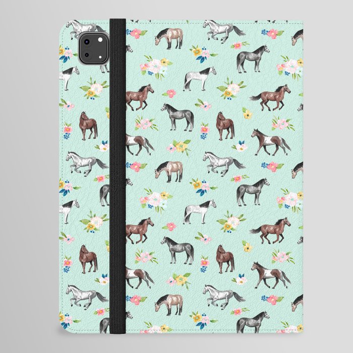 Horses and Small Flowers, Mint Blue, Horse Decor, Floral Print, Horse Art iPad Folio Case