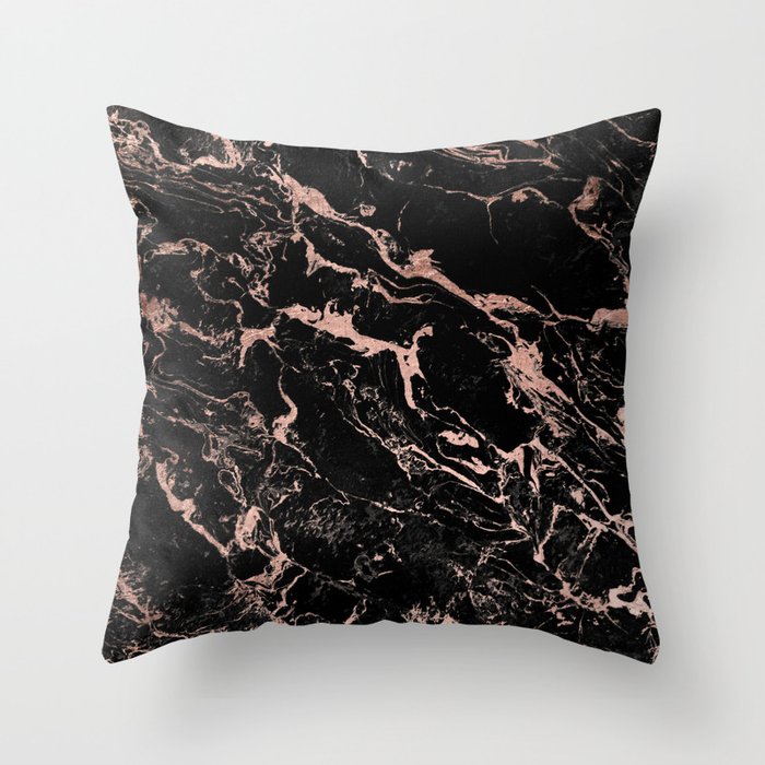 Modern girly faux rose gold foil black marble Throw Pillow