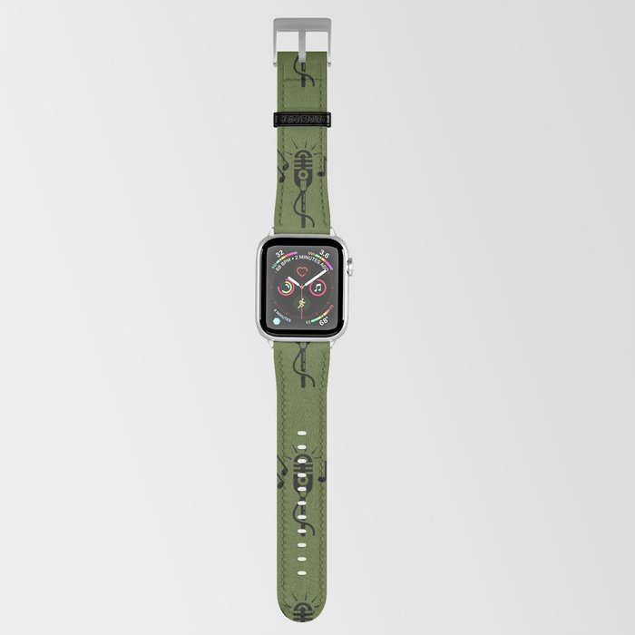 Black Retro Microphone Pattern on Dark Olive Green Apple Watch Band
