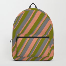 [ Thumbnail: Grey, Dark Salmon & Green Colored Stripes/Lines Pattern Backpack ]