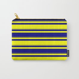 [ Thumbnail: Yellow & Blue Colored Lined/Striped Pattern Carry-All Pouch ]