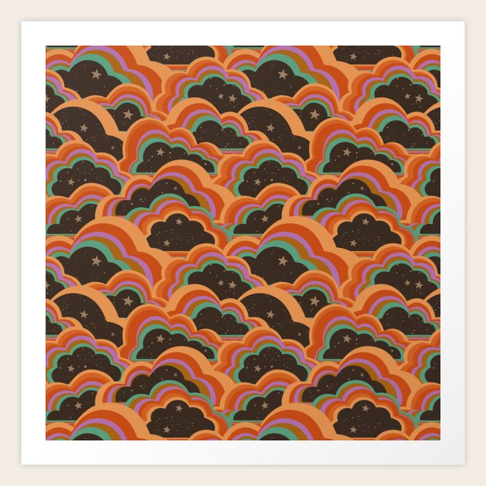 Retro 70s Inspired Boho Rainbow Clouds Pattern Art Print by
