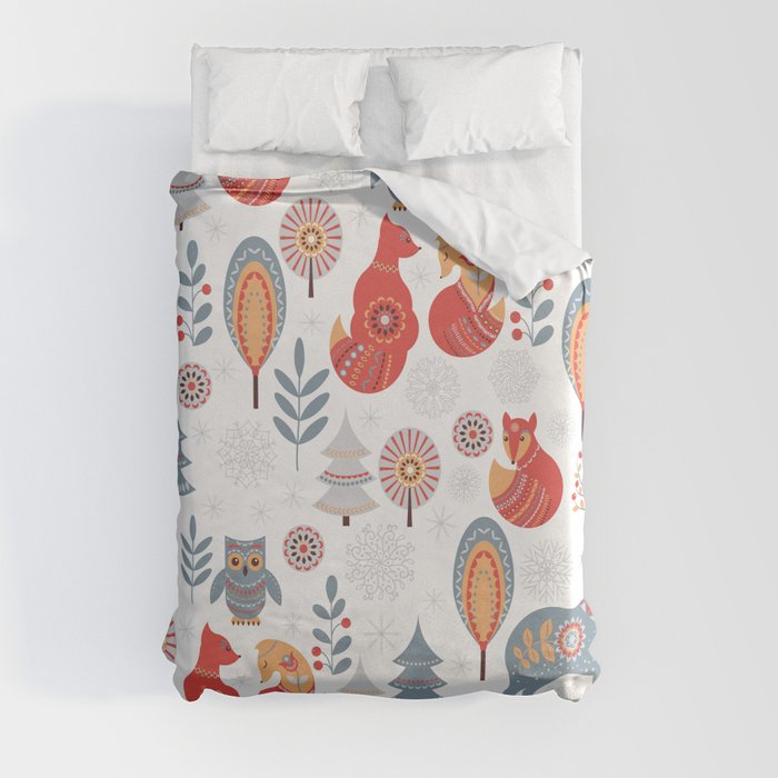 Seamless pattern with winter forest, deer, owl and Fox. The Scandinavian style. Duvet Cover