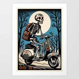 Mexican Sugar Skull Skeleton Ridding a Scooter Art Print
