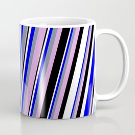 [ Thumbnail: Blue, Light Slate Gray, Plum, Black & White Colored Stripes/Lines Pattern Coffee Mug ]