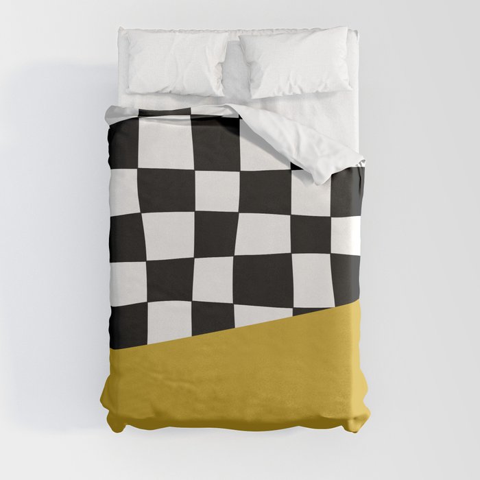 Checkered Stripe Block (mustard yellow/black/white) Duvet Cover