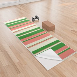 [ Thumbnail: Salmon, Forest Green & Beige Colored Lined Pattern Yoga Towel ]