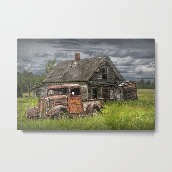 Old Vintage Pickup in front of an Abandoned Farm House Metal Print