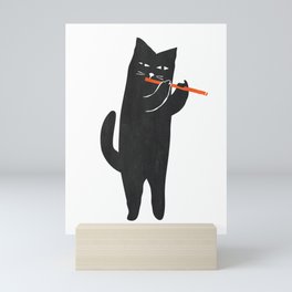 Black cat with flute Mini Art Print