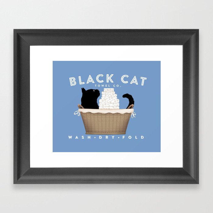 Black cat towel laundry basket company Framed Art Print