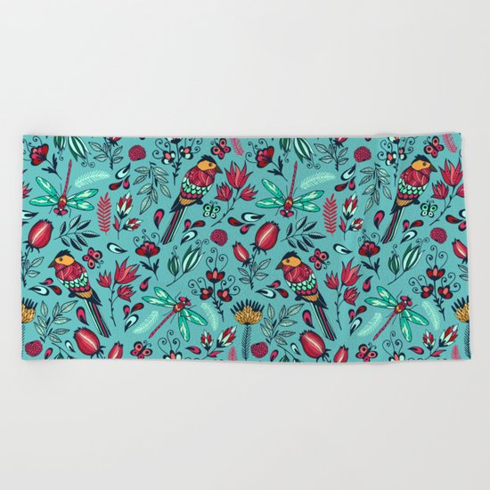 Birds and dragonflies blue pattern Beach Towel