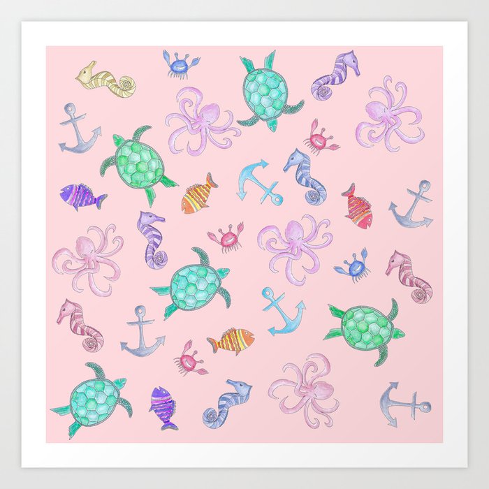 Cute Watercolor Nautical Sea Beach Pattern Art Print