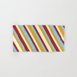 [ Thumbnail: Red, Sky Blue, Goldenrod, and Light Yellow Colored Lined Pattern Hand & Bath Towel ]