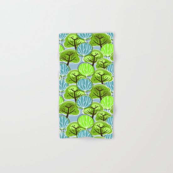 Retro Trees, in blue and green Hand & Bath Towel