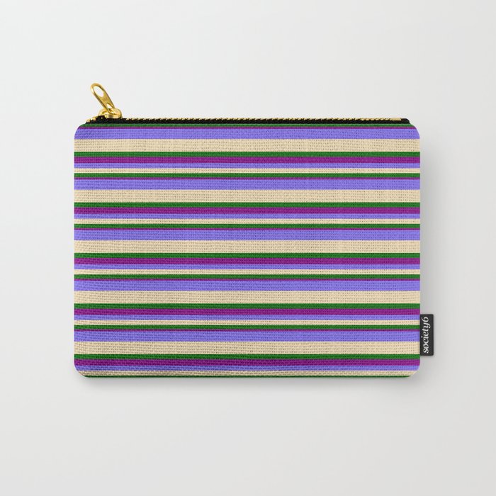Medium Slate Blue, Tan, Dark Green & Purple Colored Pattern of Stripes Carry-All Pouch