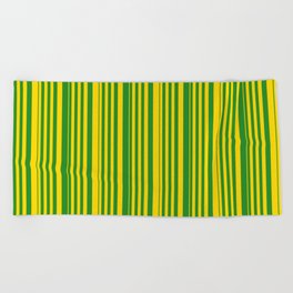 [ Thumbnail: Yellow & Forest Green Colored Pattern of Stripes Beach Towel ]