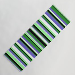 [ Thumbnail: Colorful Forest Green, Slate Blue, White, Green, and Black Colored Stripes Pattern Yoga Mat ]
