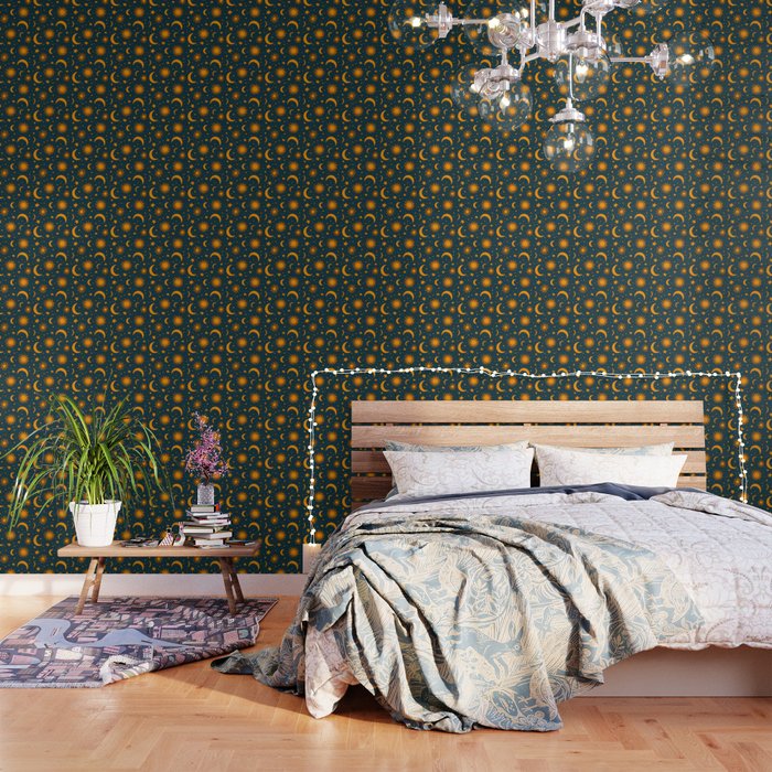 Vintage Sun and Star Print in Navy Wallpaper by Doodle by Meg | Society6