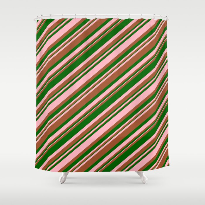 Light Pink, Sienna, and Dark Green Colored Stripes Pattern Shower Curtain