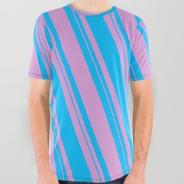 [ Thumbnail: Plum & Deep Sky Blue Colored Lined Pattern All Over Graphic Tee ]