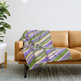 [ Thumbnail: Purple, Green, and Bisque Colored Lined Pattern Throw Blanket ]