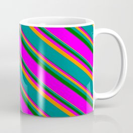 [ Thumbnail: Dark Orange, Dark Cyan, Dark Green & Fuchsia Colored Pattern of Stripes Coffee Mug ]