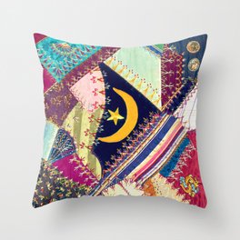 Bohemian Patchwork with Crescent Moon and Star Throw Pillow