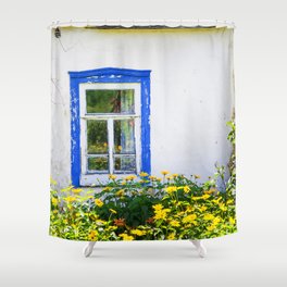 Old rustic house with high yellow flowers in the garden Shower Curtain